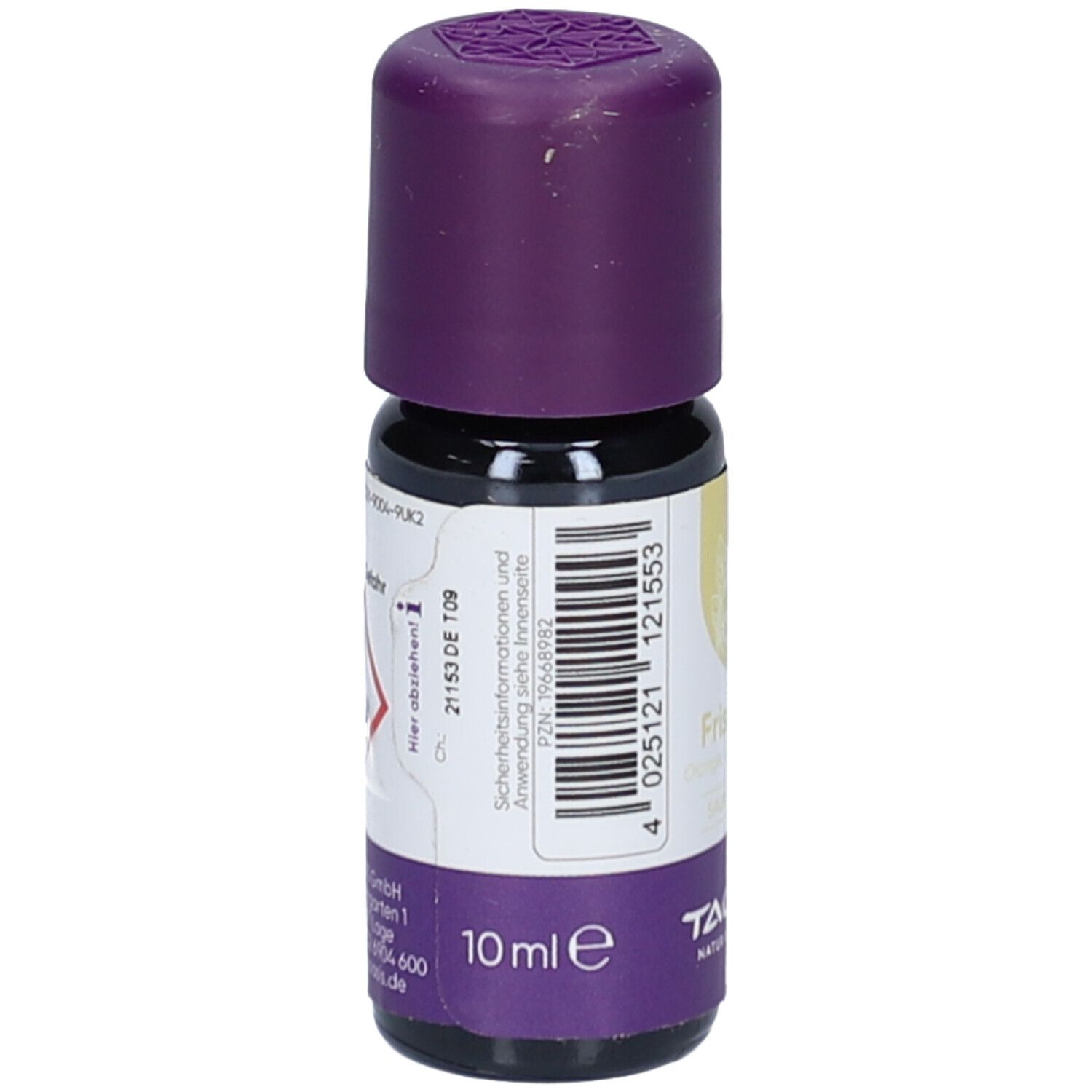 Kleine Glasflasche mit lila Verschluss. Auf dem Etikett stehen Informationen und ein Barcode.