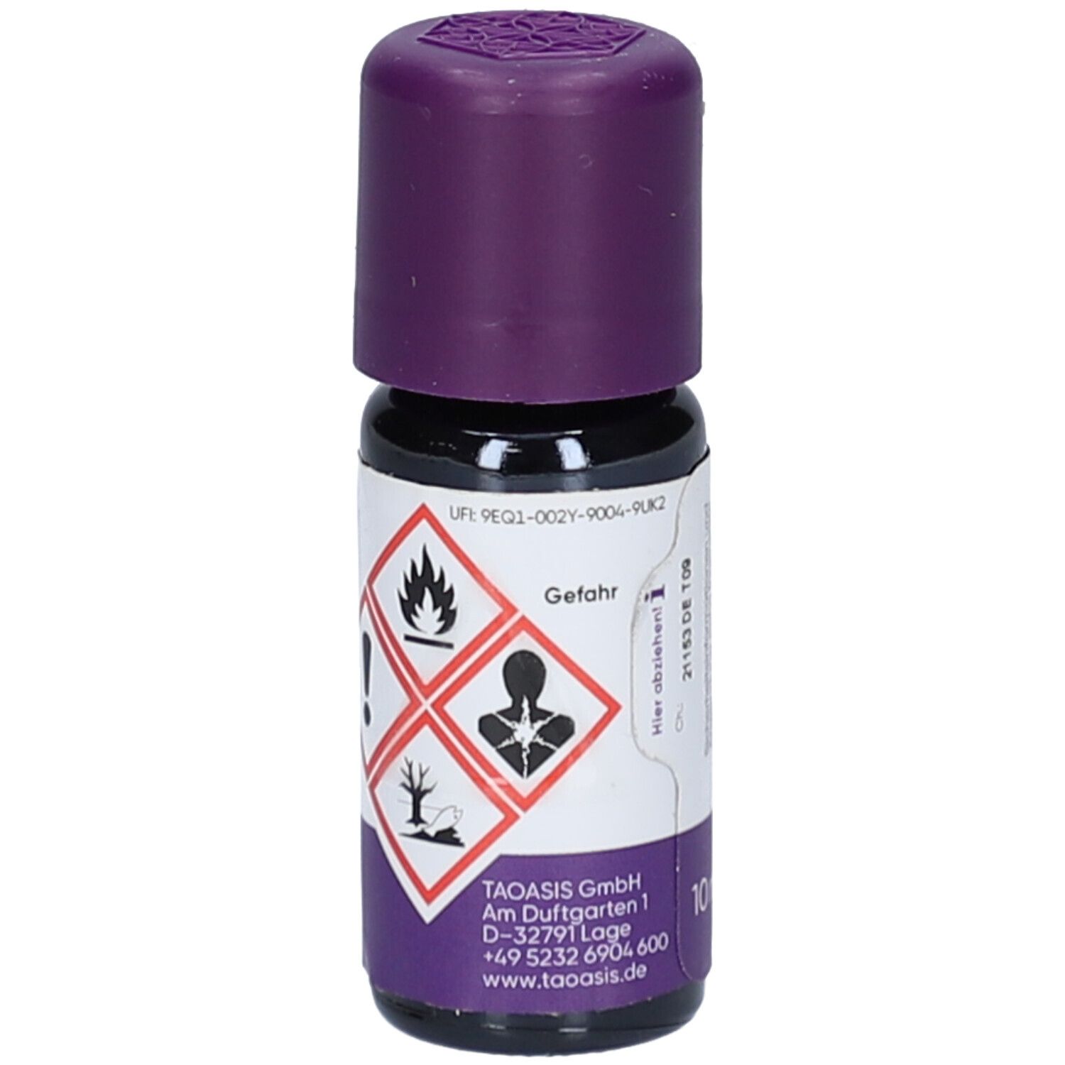 Kleine Glasflasche mit lila Verschluss. Auf dem Etikett sind Gefahrensymbole abgebildet.