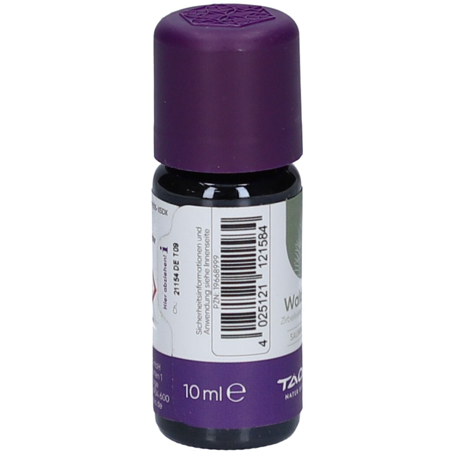 Kleine Flasche mit lila Deckel. Aufschrift: 10 ml e. Rückseite mit Text und Barcode. Marke TAOASIS.