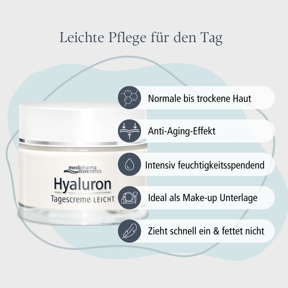 Produkt mit Infografik. Aufschrift: Hyaluron Tagescreme LEICHT. Eigenschaften: Anti-Aging, feuchtigkeitsspendend, Make-up-Grundlage.