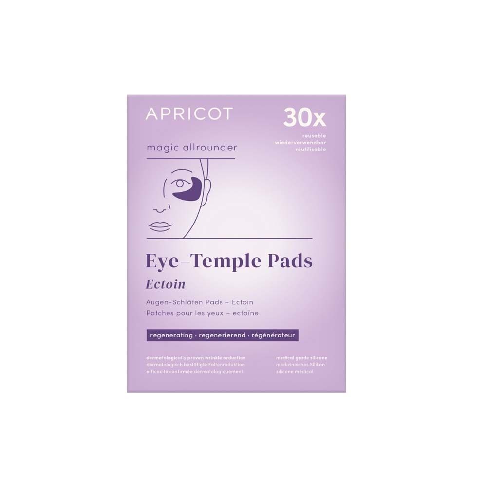 Verpackung mit Augen-Schläfen Pads. Marke APRICOT. Enthält 30 Pads. Lilafarbene Verpackung mit Produktabbildung.
