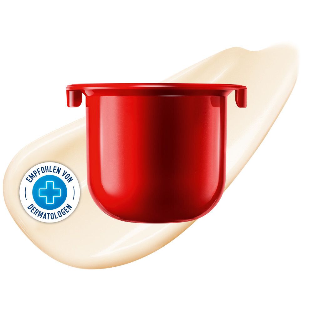 Pot rouge avec crème et logo. Recommandé par les dermatologues. Couche de crème.