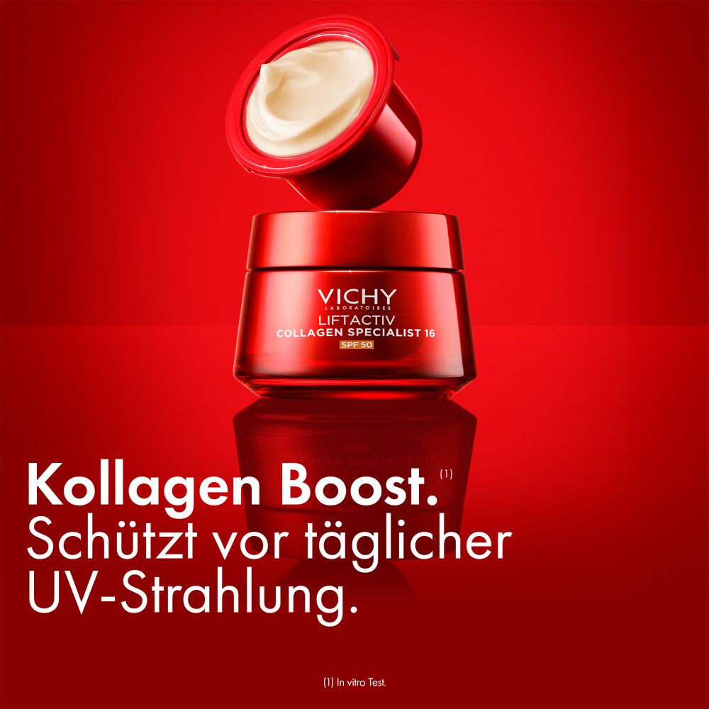 Vichy Liftactiv Collagen Specialist 16 SPF50 crème. Pot rouge et recharge. Texte: Boost de collagène.