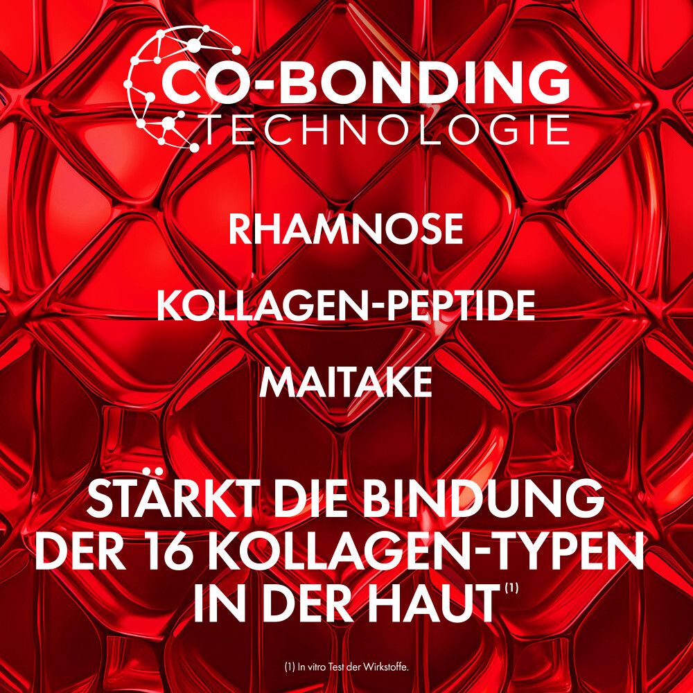 Fond rouge avec texte. Technologie Co-Bonding. Ingrédients: Rhamnose, peptides de collagène, Maitake.