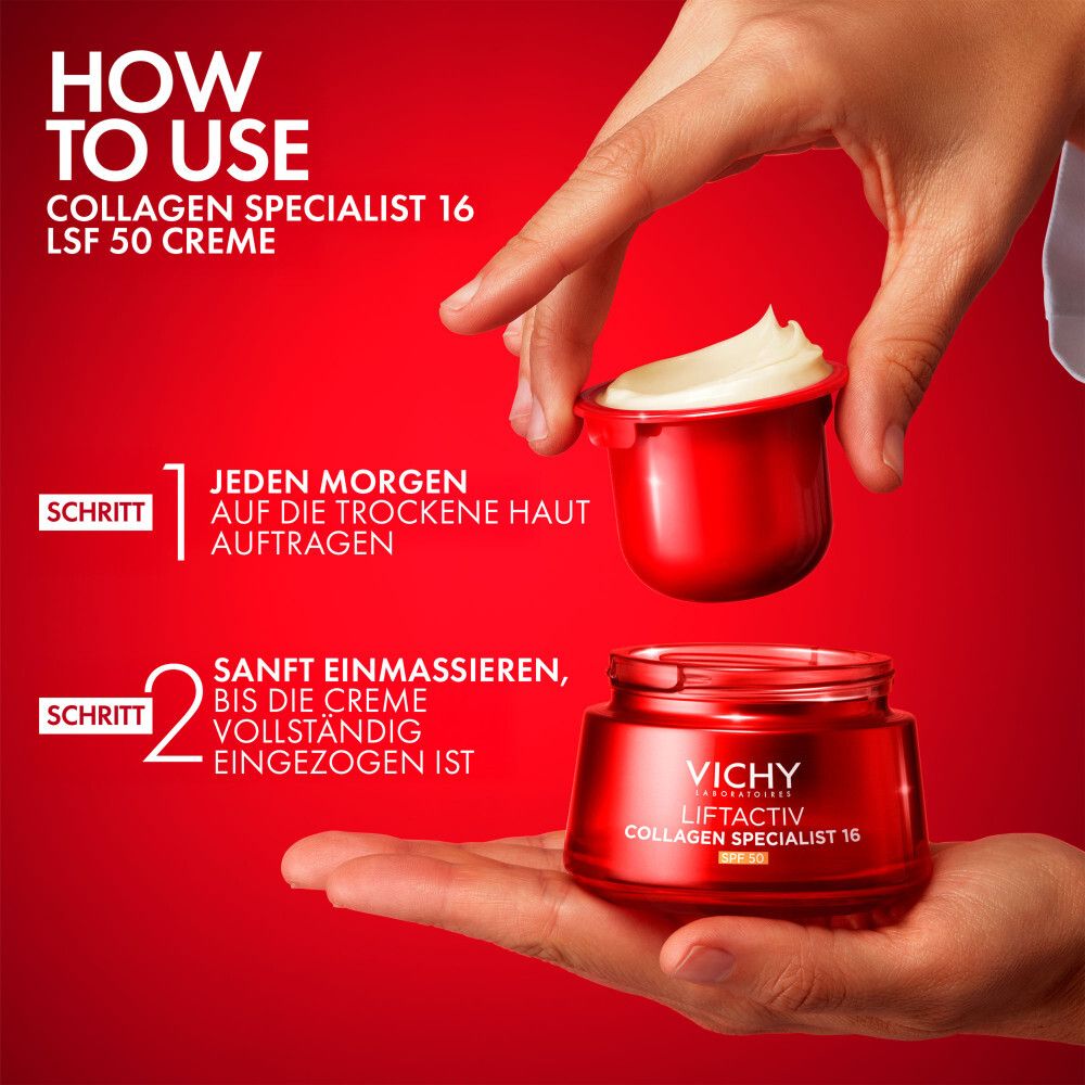 Mode d'emploi. Vichy Liftactiv Collagen Specialist 16 SPF 50 crème. Étape 1: Appliquer. Étape 2: Masser.