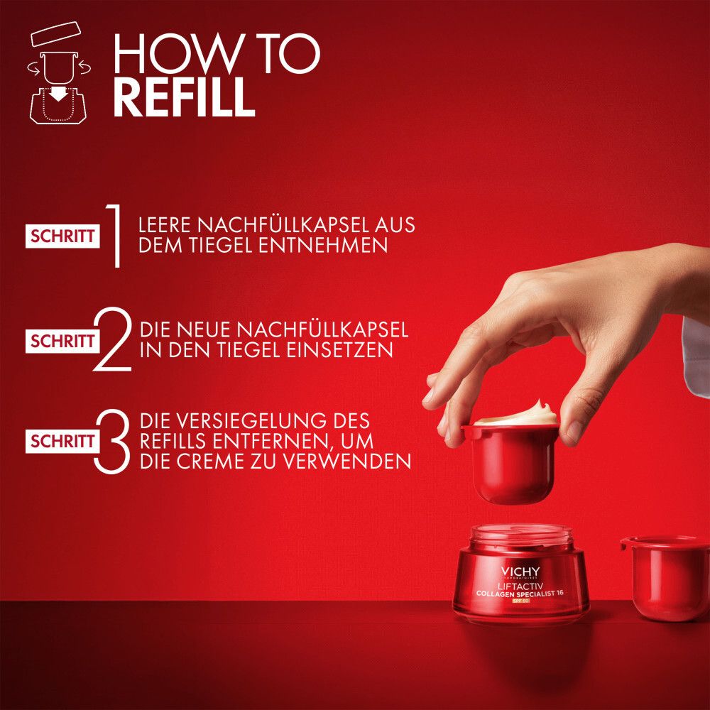 Instructions de recharge. Vichy Liftactiv Collagen Specialist 16. Étape 1: Retirer la capsule vide. Étape 2: Insérer la nouvelle capsule.