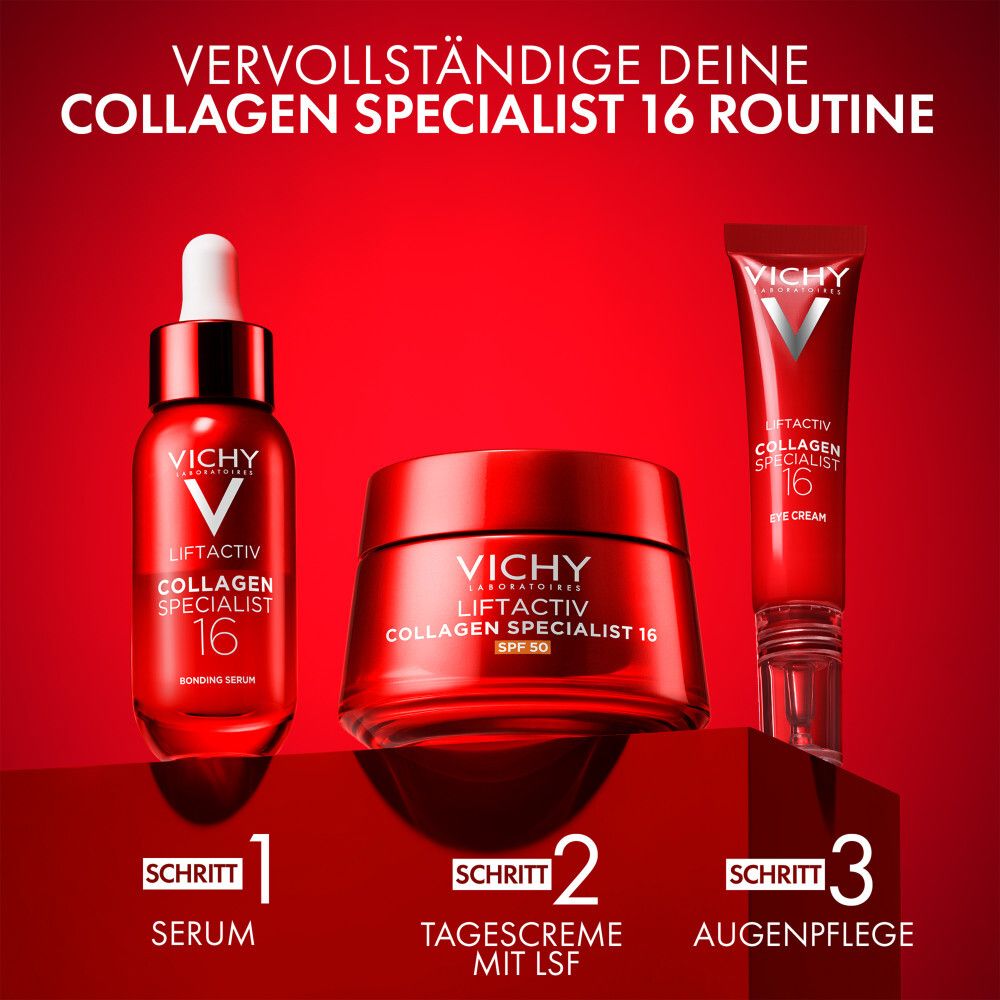 Routine Vichy Liftactiv Collagen Specialist 16. Sérum, crème de jour avec SPF, soin des yeux. Emballages rouges.