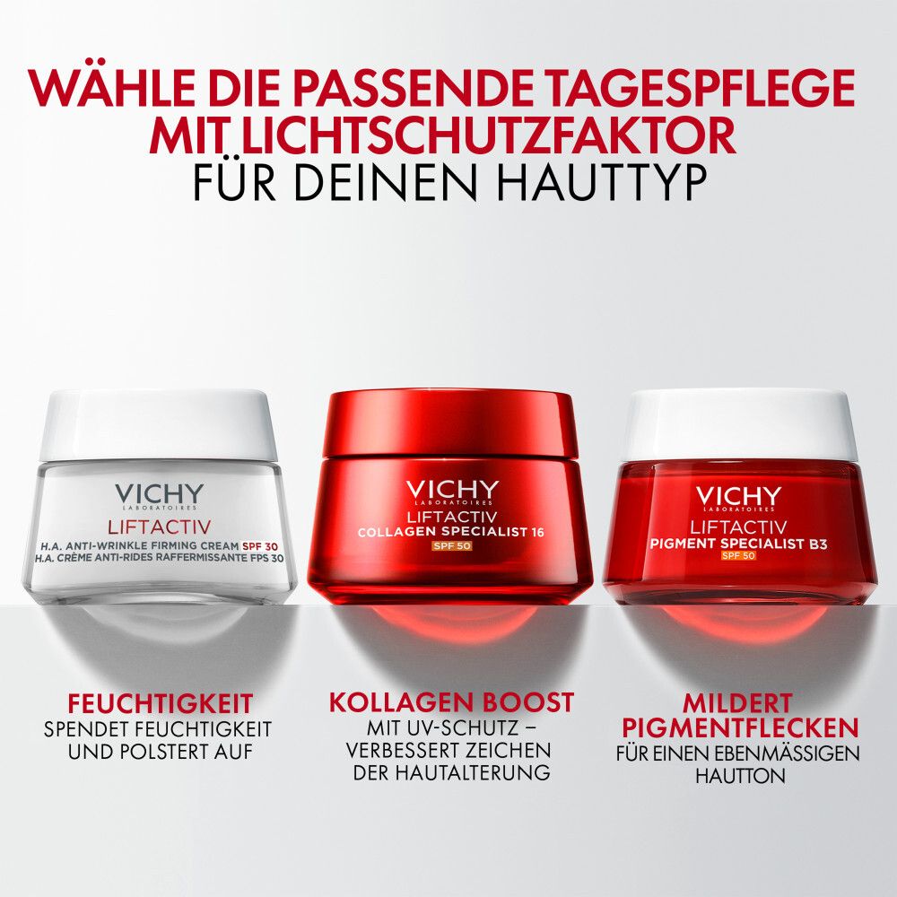 Trois crèmes. Vichy Liftactiv. Anti-rides, boost de collagène, taches pigmentaires. Pots blancs et rouges.