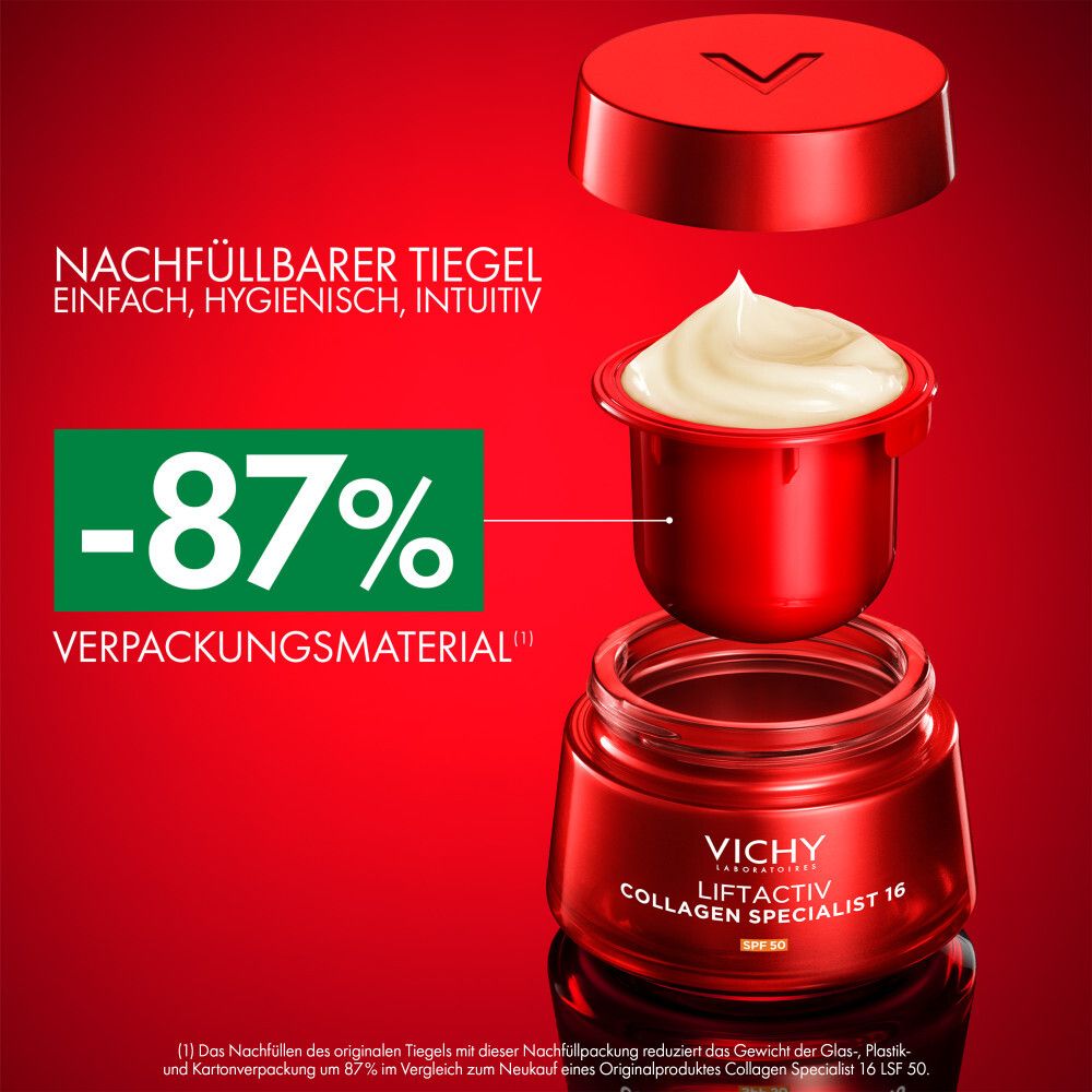 Pot rechargeable. Vichy Liftactiv Collagen Specialist 16. Pot rouge avec crème. -87% de matériel d'emballage.
