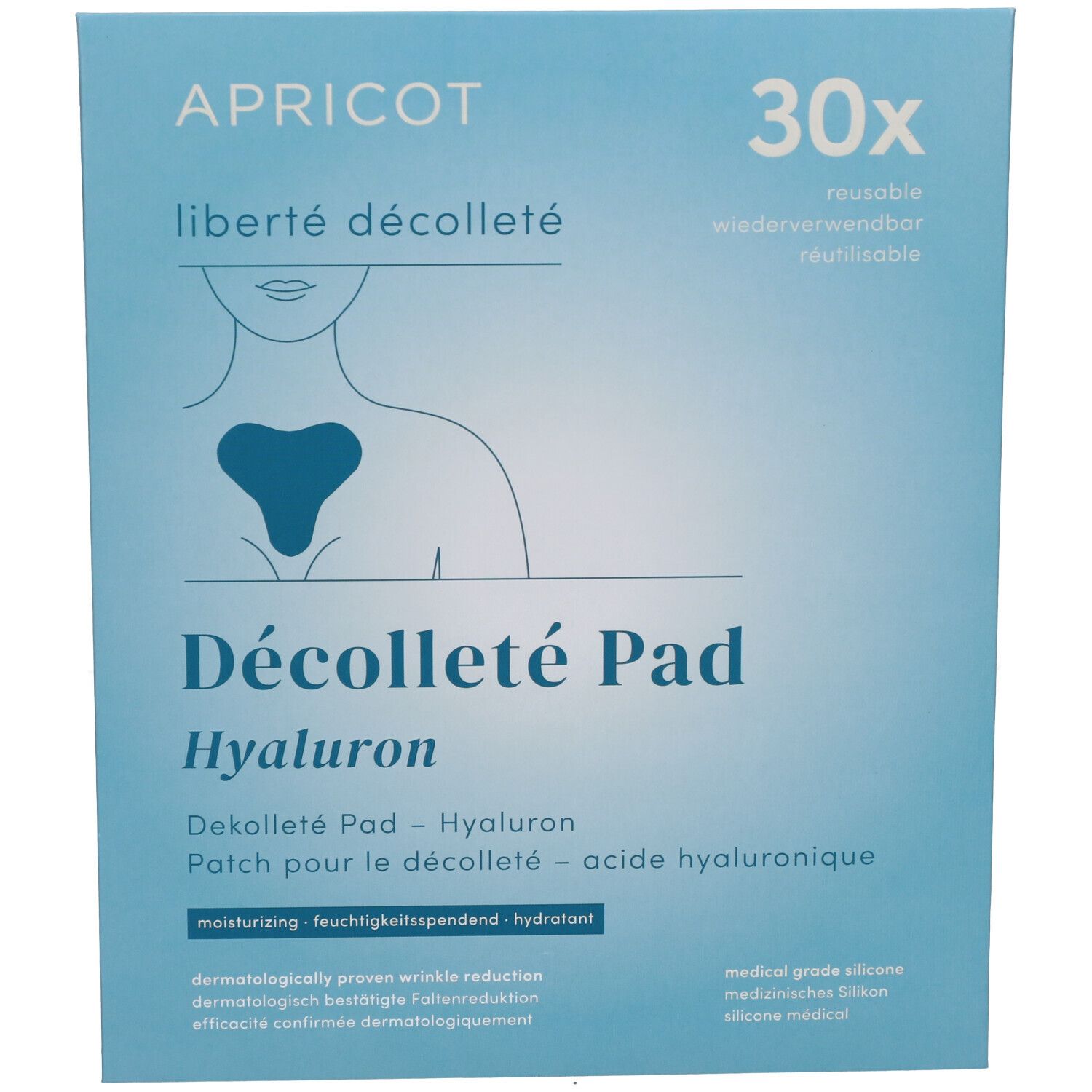 Emballage bleu. Décolleté Pad Hyaluron. Illustration d'un décolleté. Texte: 'liberté décolleté'.