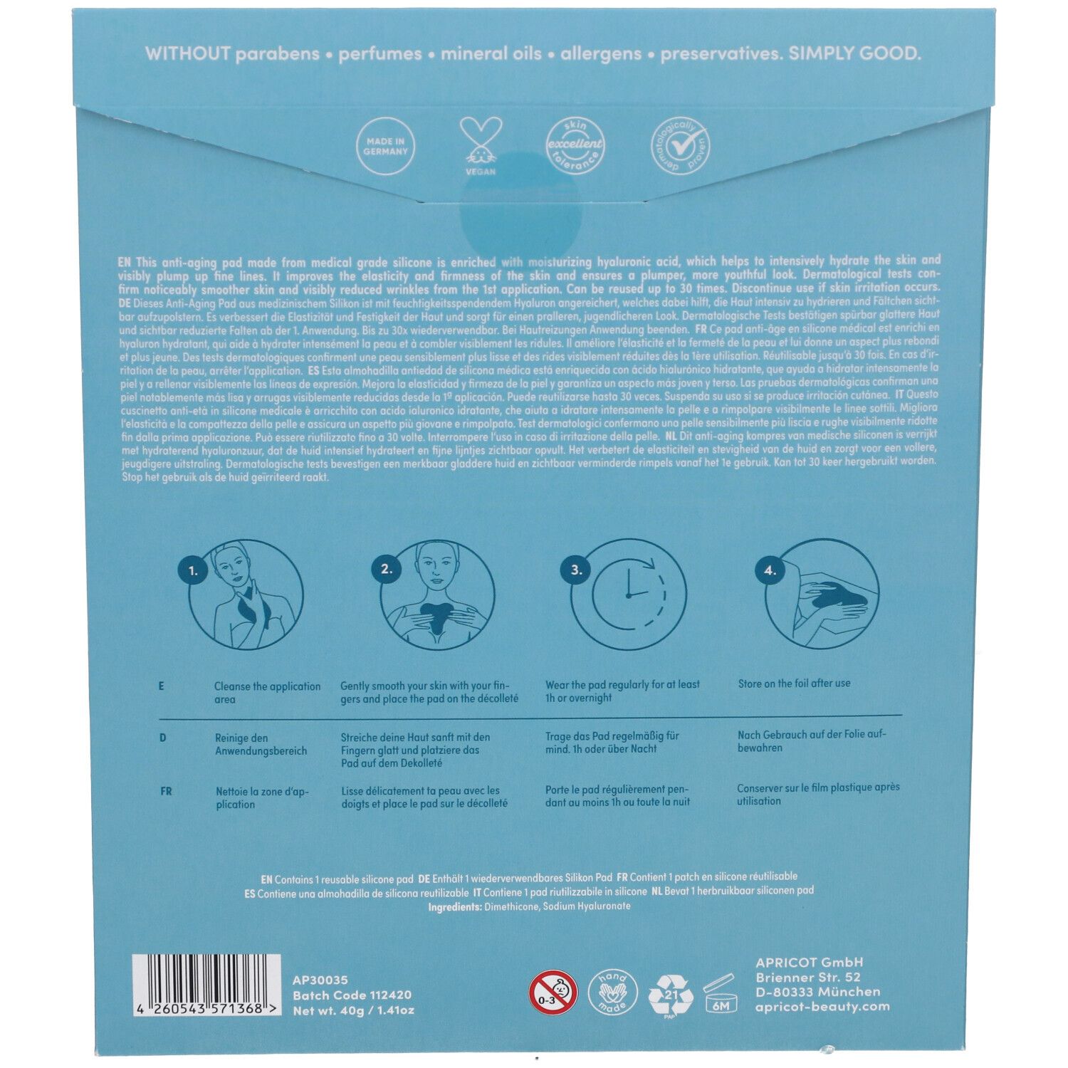 Dos de l'emballage. Texte: 'WITHOUT parabens, perfumes, mineral oils, allergens, preservatives. SIMPLY GOOD'.