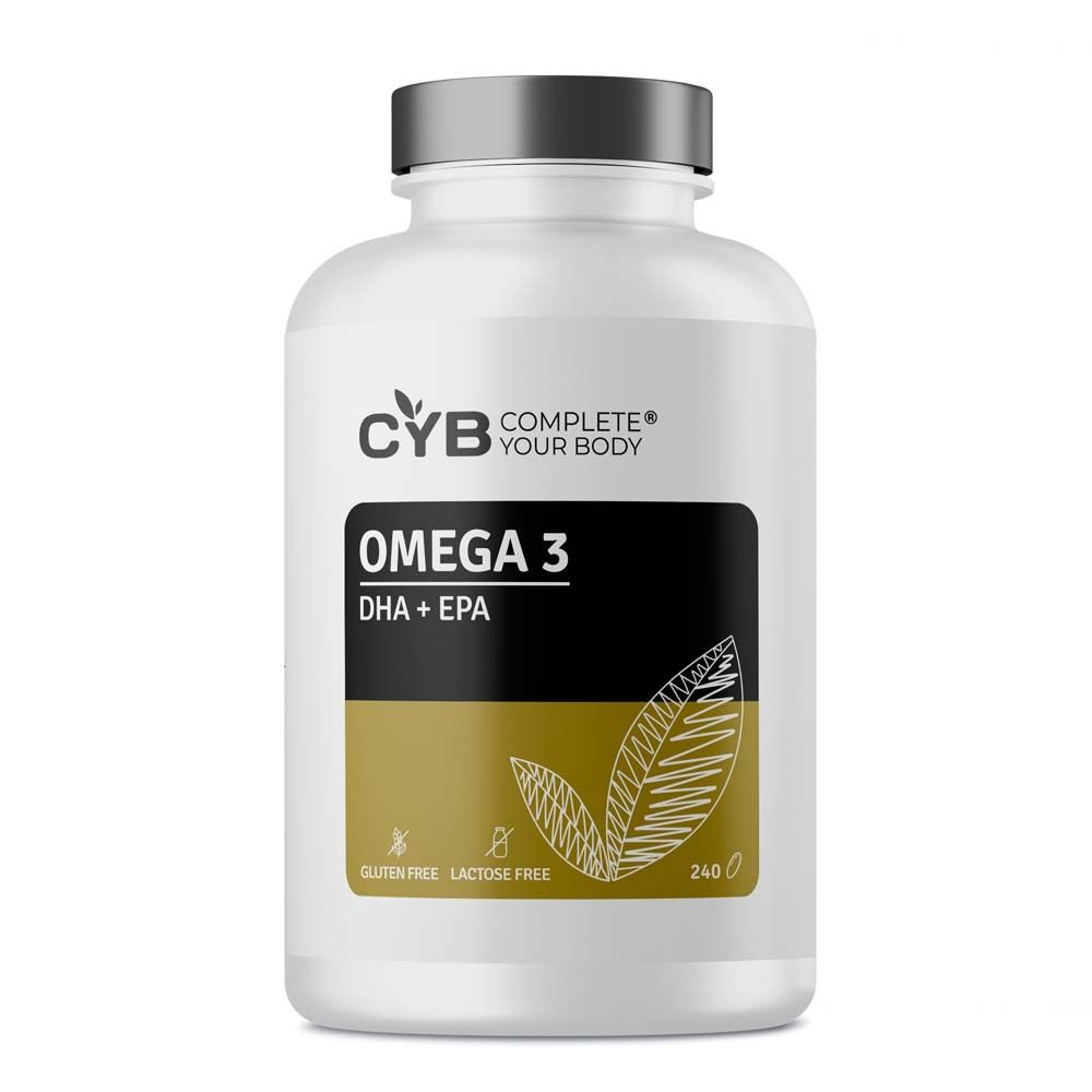 Weiße Flasche mit schwarzem Etikett. Aufschrift: CYB Omega 3 DHA + EPA. Glutenfrei, laktosefrei. 240 Kapseln.