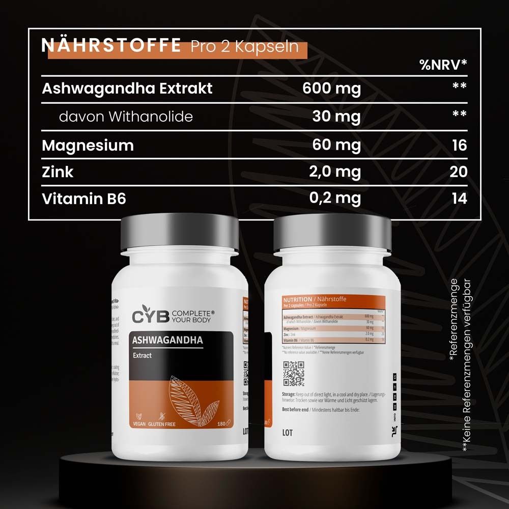 Tabelle mit Nährstoffangaben pro 2 Kapseln: Ashwagandha Extrakt, Magnesium, Zink, Vitamin B6. Zwei Flaschen mit Produkt.