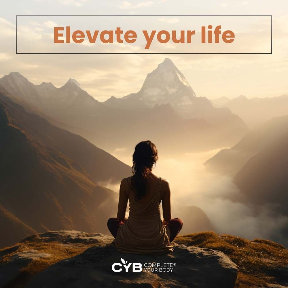 Person sitzt auf einem Felsen vor Berglandschaft. Text: Elevate your life. CYB Logo.