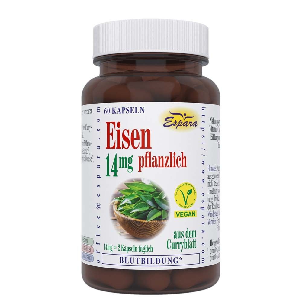 Flacon brun avec couvercle blanc. Inscription: Eisen 14mg pflanzlich, Espara, 60 gélules, végétalien.