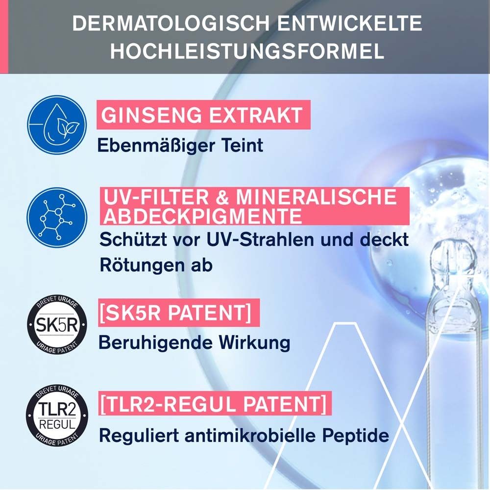 Graphique avec ingrédients: Extrait de ginseng, filtres UV, pigments minéraux, [SK5R PATENT], [TLR2-REGUL PATENT].