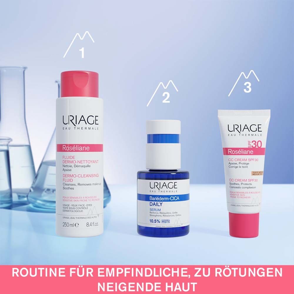 Trois produits Uriage: Roséliane Fluide Dermo-Nettoyant, Bariéderm-CICA Sérum Quotidien, Roséliane CC Crème SPF30. Routine peaux sensibles.