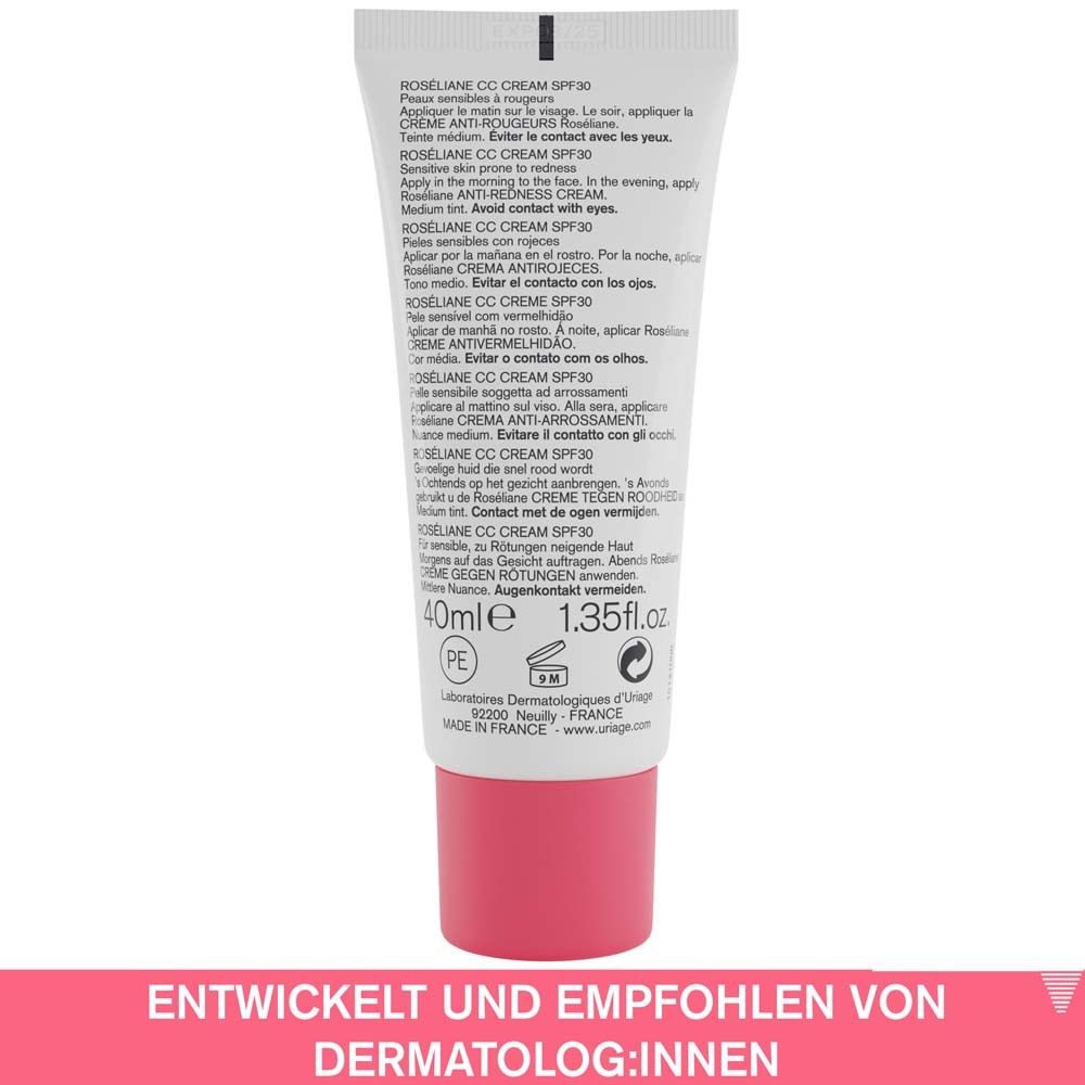 Dos du tube. Texte: Roséliane CC Crème SPF30. Développé et recommandé par les dermatologues. 40ml.