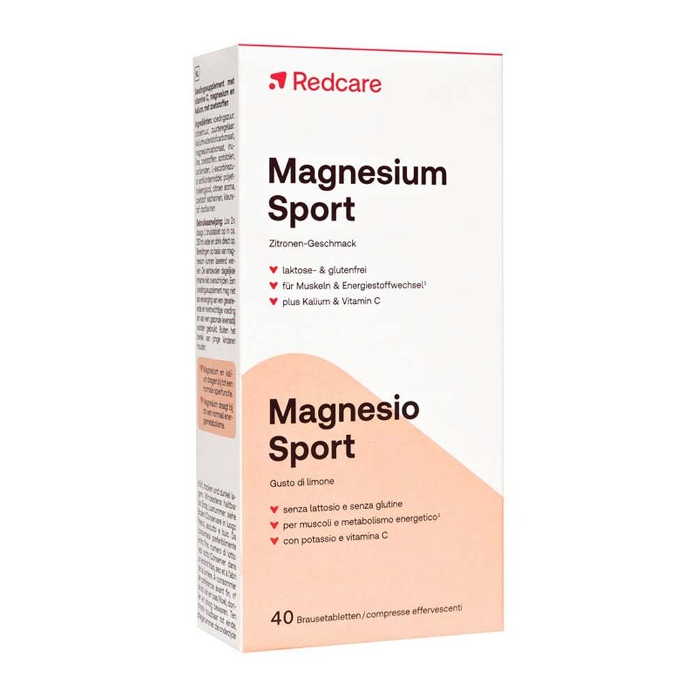 Boîte de comprimés effervescents Magnesium Sport Redcare. Inscription : Magnesium Sport, goût citron. 40 comprimés.