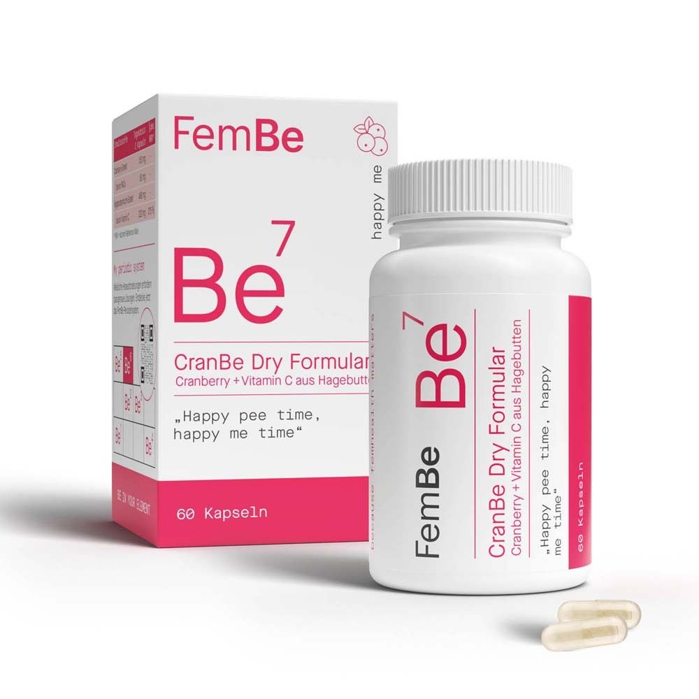 FemBe Be7 CranBe Dry Formular. Flacon et boîte blancs avec gélules. Cranberry et vitamine C.