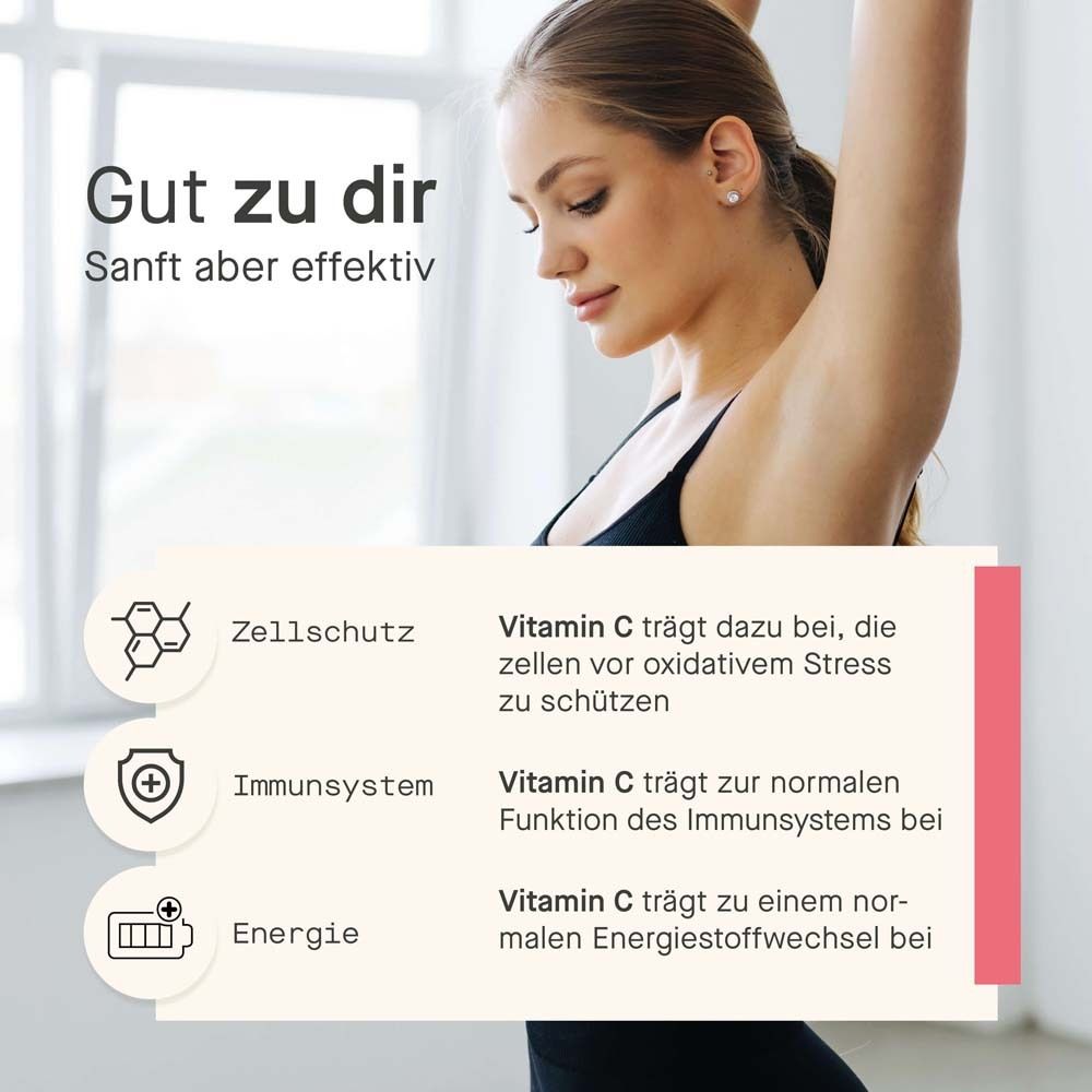 Femme avec bras. Texte : La vitamine C contribue à la protection contre le stress oxydatif. Énergie.