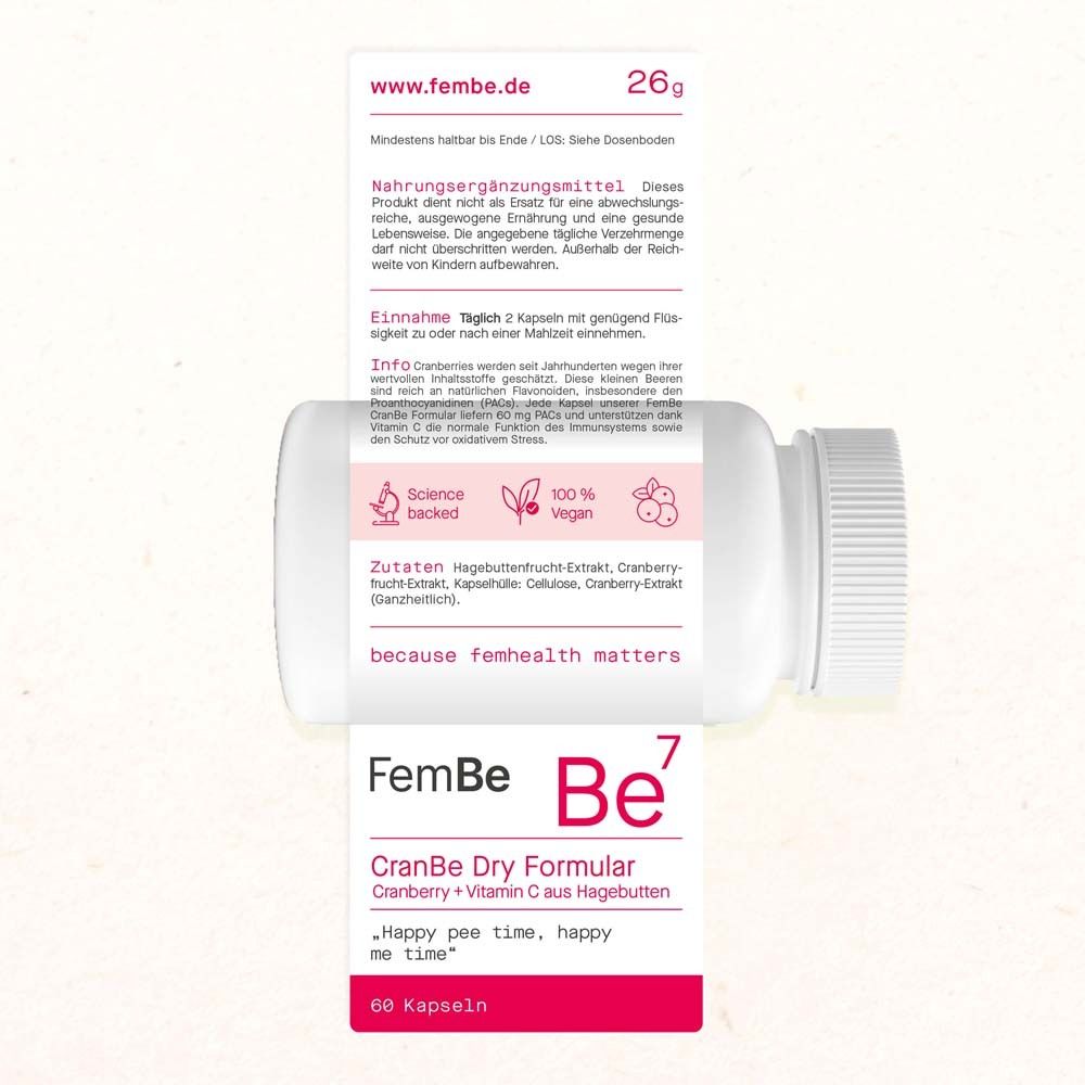Flacon FemBe Be7 CranBe Dry Formular. Texte sur l'étiquette. Ingrédients, dosage, informations nutritionnelles.