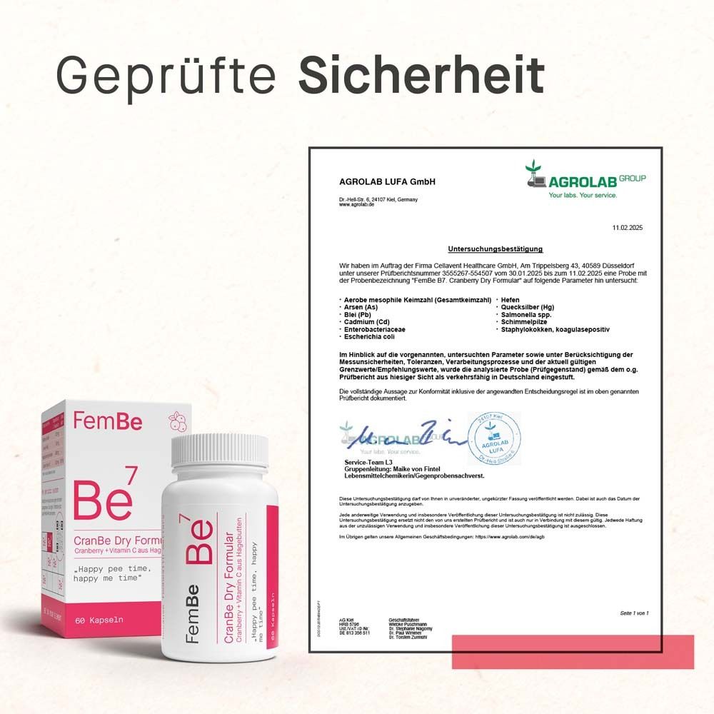 Flacon et boîte FemBe Be7 CranBe Dry Formular. Texte : Sécurité testée. Certificat.