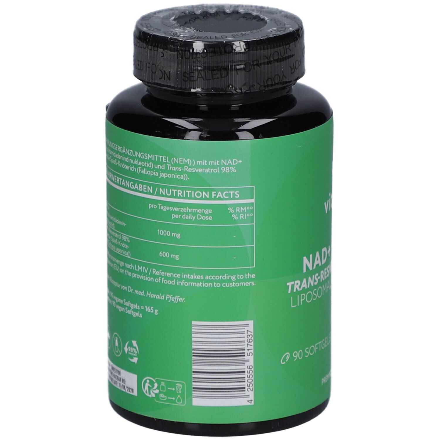 Flacon vert avec bouchon noir. Étiquette avec informations produit et code-barres. Sceau sur le bouchon.