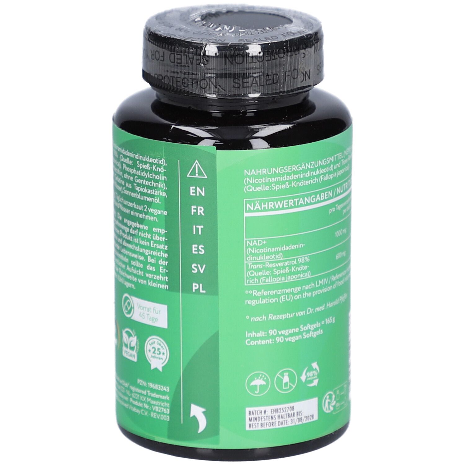 Flacon vert avec bouchon noir. Étiquette avec informations produit en plusieurs langues. Label végétalien.