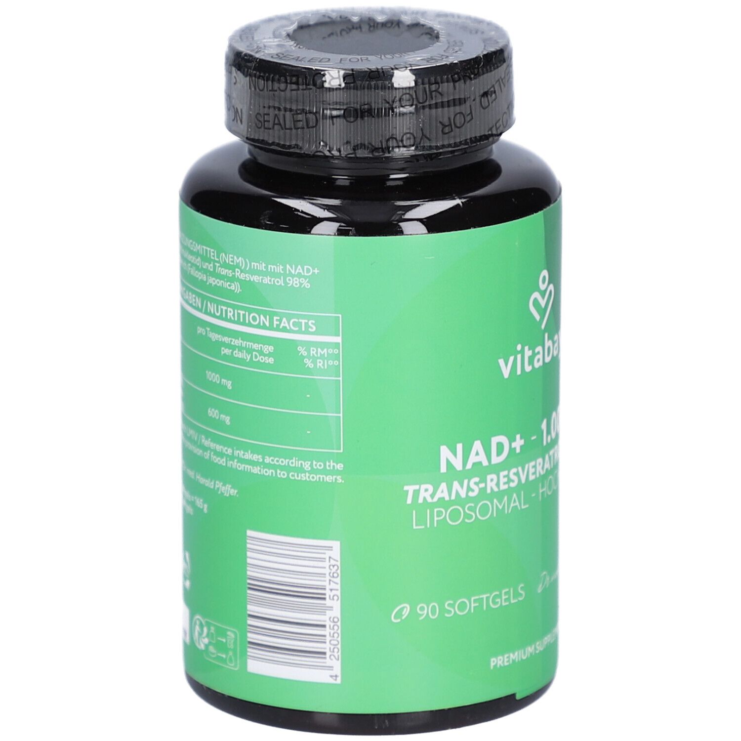 Flacon vert avec bouchon noir. Étiquette avec informations produit et code-barres. 90 gélules.