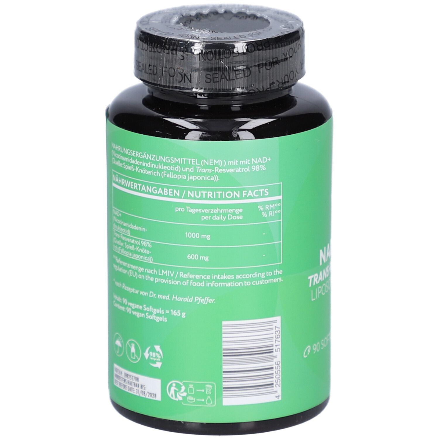 Flacon vert avec bouchon noir. Étiquette avec informations produit et valeurs nutritionnelles. 90 gélules.