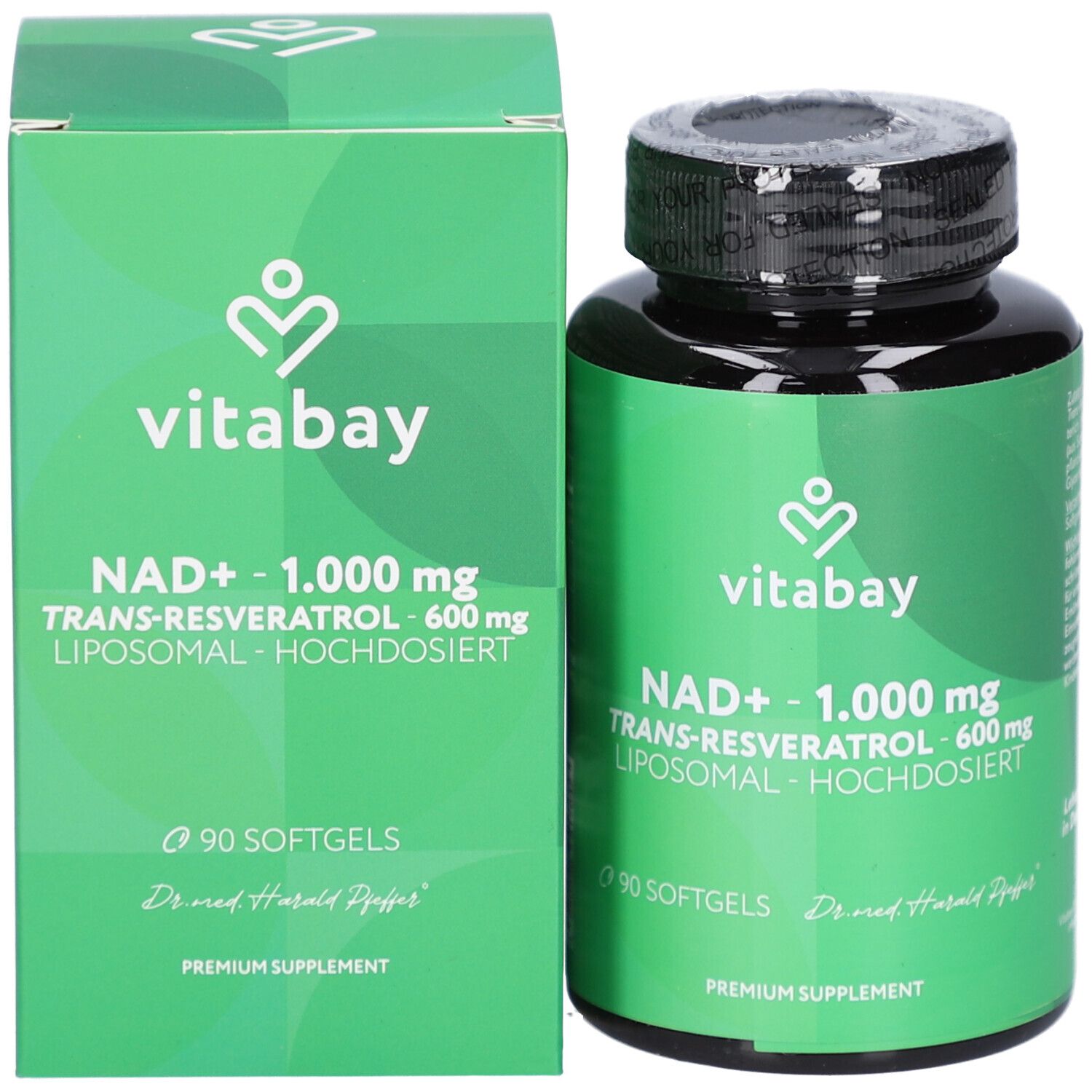 Boîte verte et flacon avec bouchon noir. Nom du produit, marque Vitabay et 90 gélules.