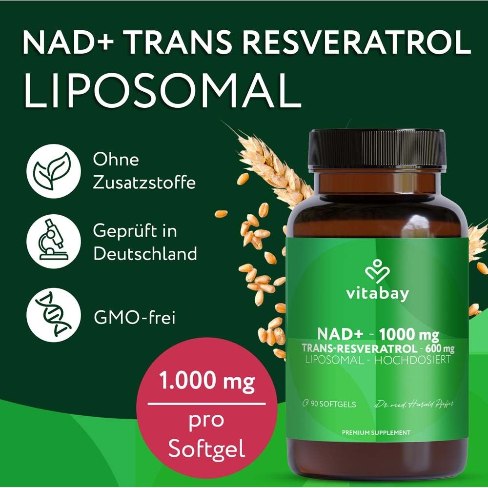 Flacon brun avec informations produit. Vitabay NAD+ 1000 mg Trans-Resvératrol 600 mg. Ingrédients.