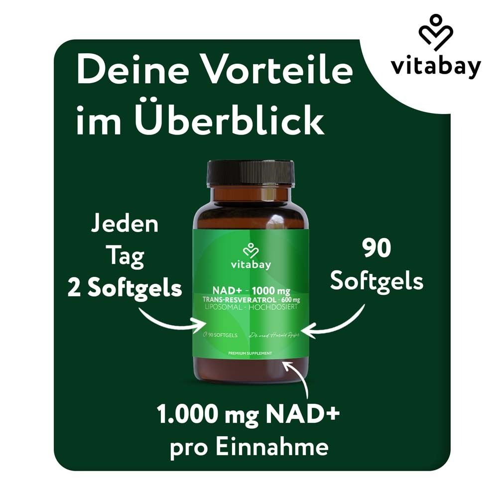 Flacon brun avec informations produit. Vitabay NAD+ 1000 mg Trans-Resvératrol 600 mg. 90 gélules.