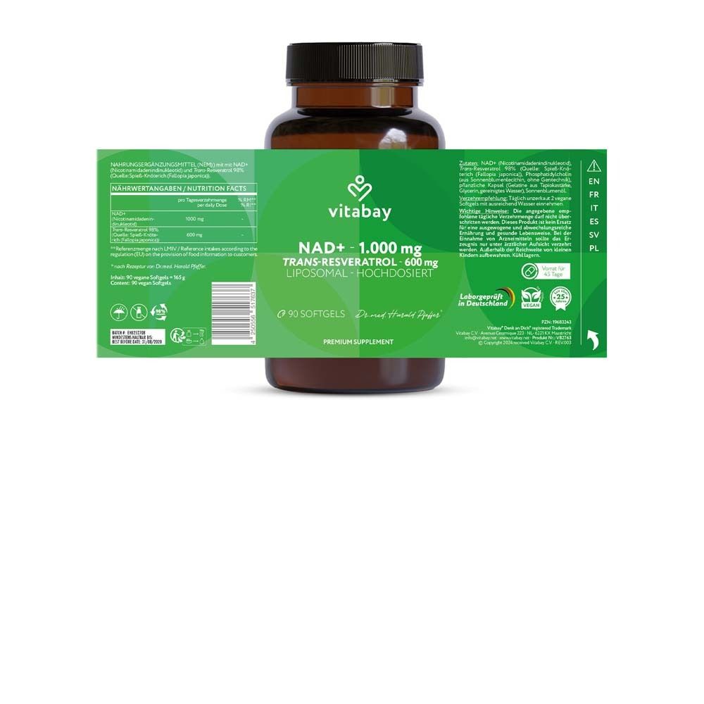 Dos du flacon avec informations produit. Vitabay NAD+ 1000 mg Trans-Resvératrol 600 mg.