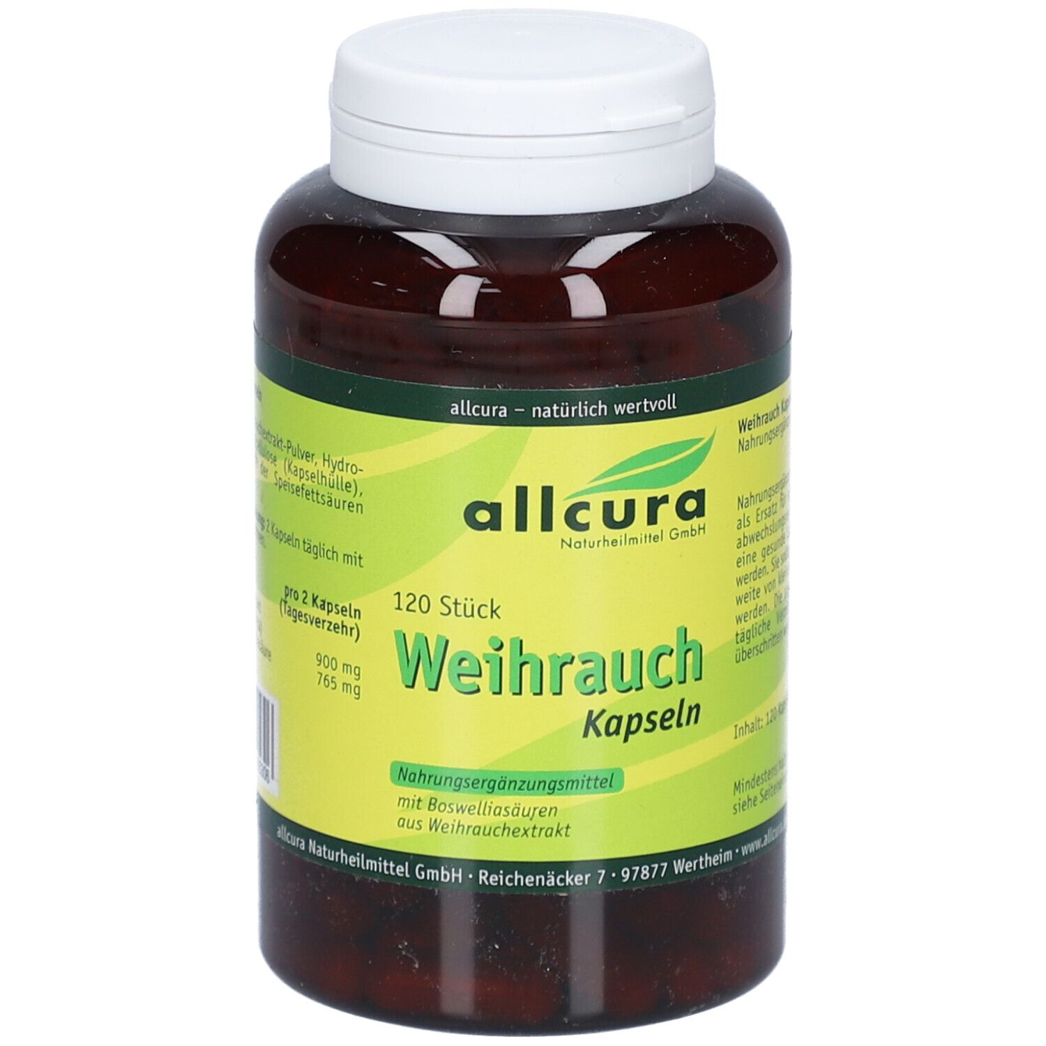 Braune Flasche mit weißen Deckel. Aufschrift: allcura Weihrauch Kapseln. 120 Stück. Nahrungsergänzungsmittel.