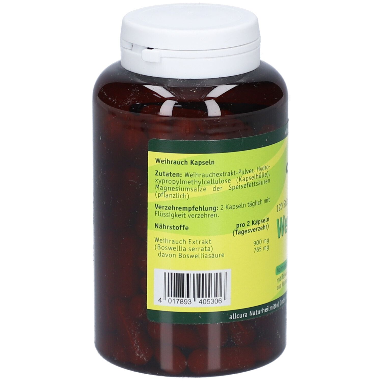Rückseite der Flasche. Zutatenliste und Verzehrempfehlung. Aufschrift: Weihrauch Kapseln. Hersteller: allcura Naturheilmittel GmbH.