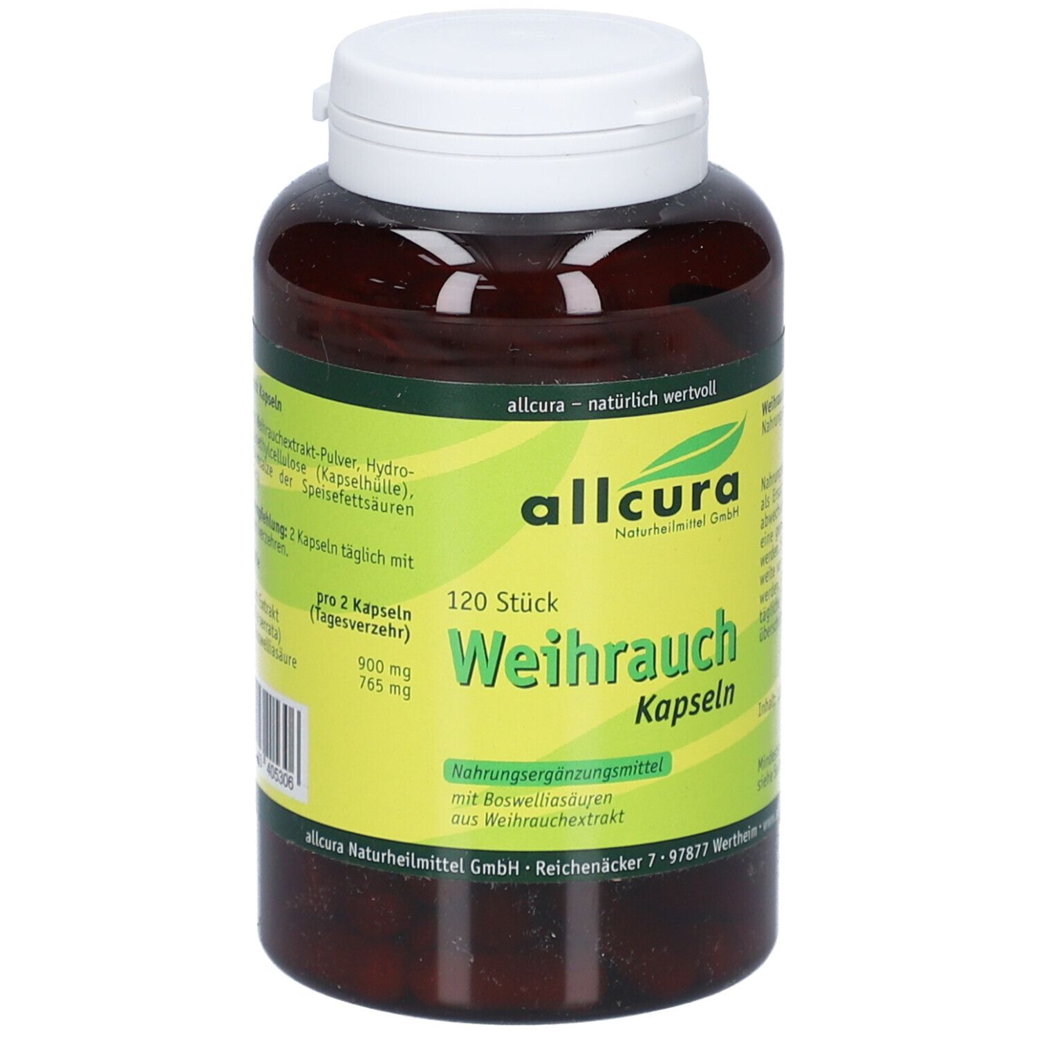 Braune Flasche mit weißen Deckel. Aufschrift: allcura Weihrauch Kapseln. 120 Stück. Nahrungsergänzungsmittel. Grün-gelbes Etikett.