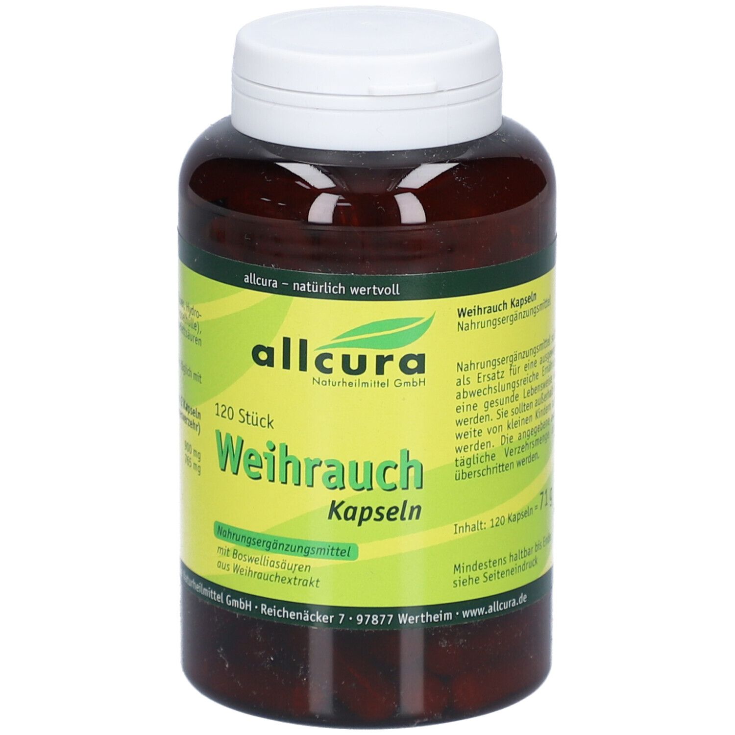 Braune Flasche mit weißen Deckel. Aufschrift: allcura Weihrauch Kapseln. 120 Stück. Nahrungsergänzungsmittel. Grün-gelbes Etikett.