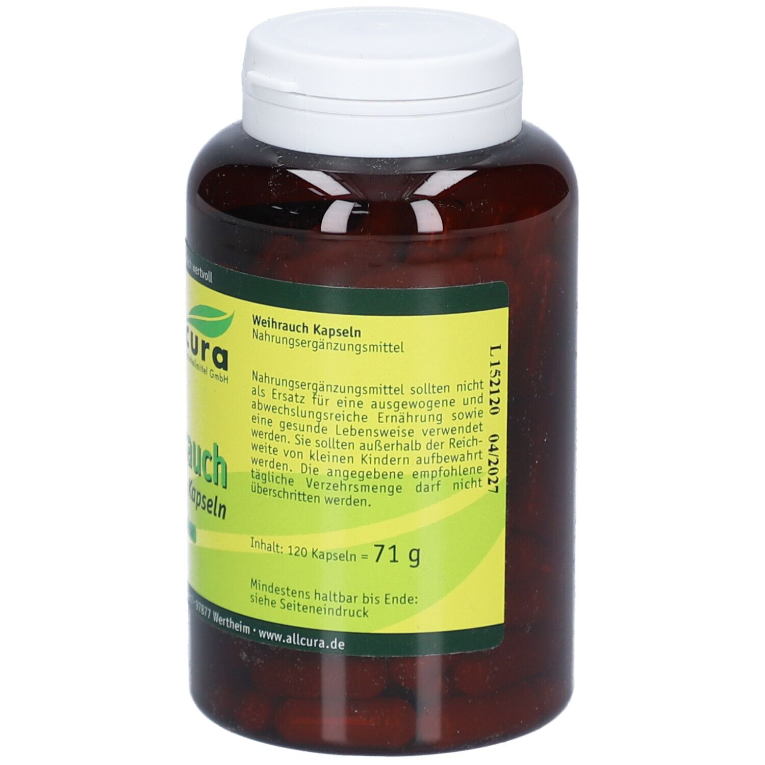 Braune Flasche mit weißen Deckel. Aufschrift: allcura Weihrauch Kapseln. 120 Kapseln. Nahrungsergänzungsmittel. Gewicht: 71 g.