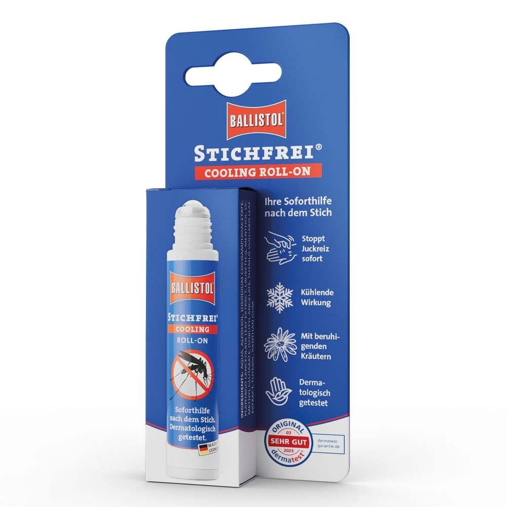 BALLISTOL Stichfrei Cooling Roll-on. Flacon et emballage. Fond bleu. Texte.