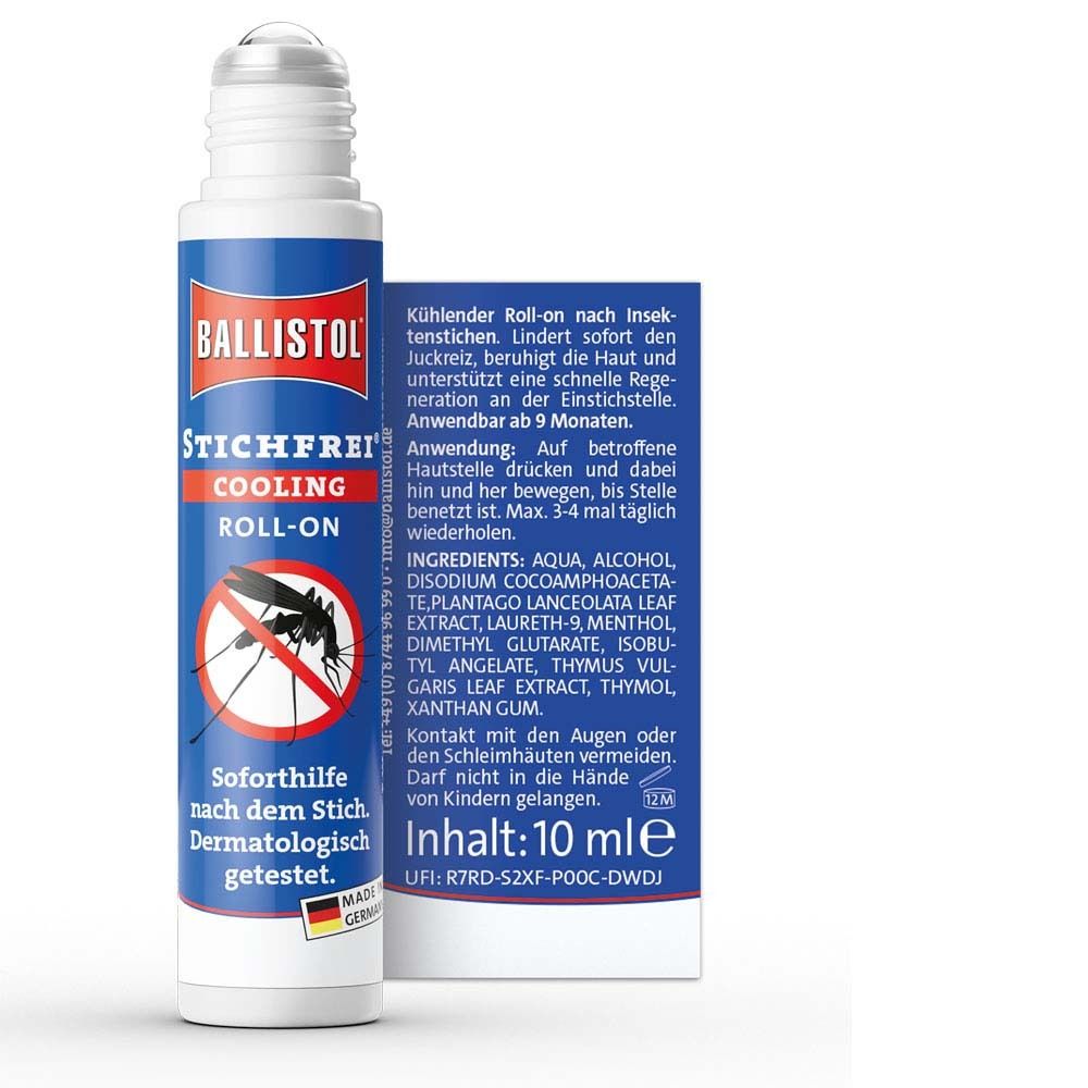 BALLISTOL Stichfrei Cooling Roll-on. Flacon roll-on. Texte et ingrédients. Fond blanc.