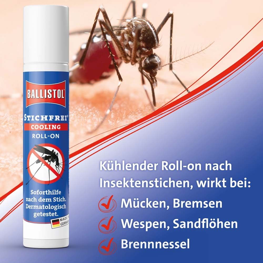 BALLISTOL Stichfrei Cooling Roll-on. Flacon roll-on. Illustrations d'insectes. Fond bleu.