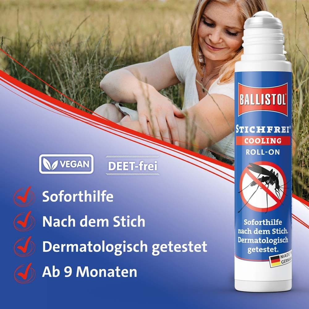 BALLISTOL Stichfrei Cooling Roll-on. Flacon roll-on. Femme en arrière-plan. Texte.