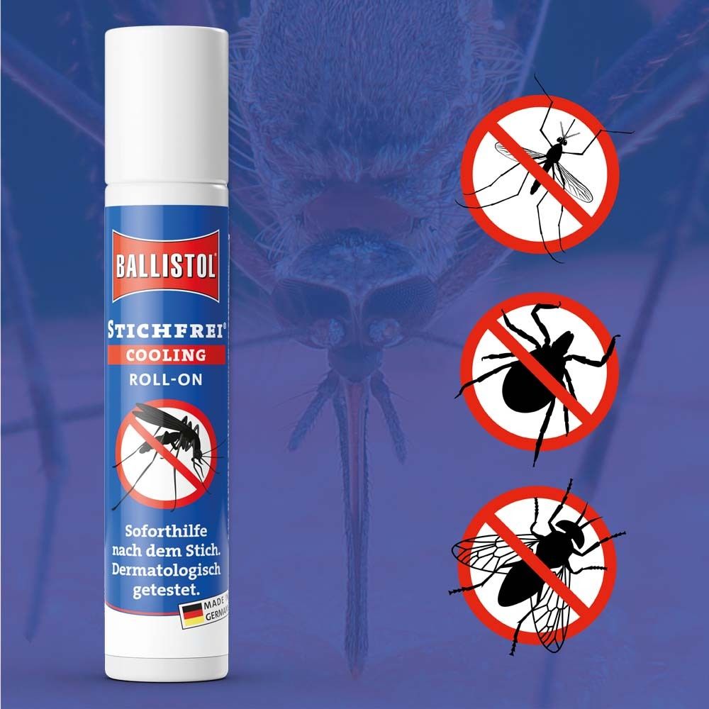 BALLISTOL Stichfrei Cooling Roll-on. Flacon roll-on. Illustrations d'insectes. Fond bleu.