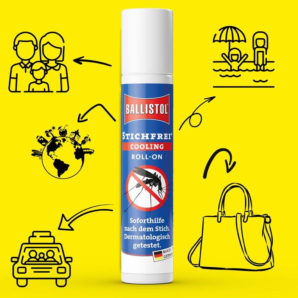 BALLISTOL Stichfrei Cooling Roll-on. Flacon roll-on. Illustrations. Fond jaune.