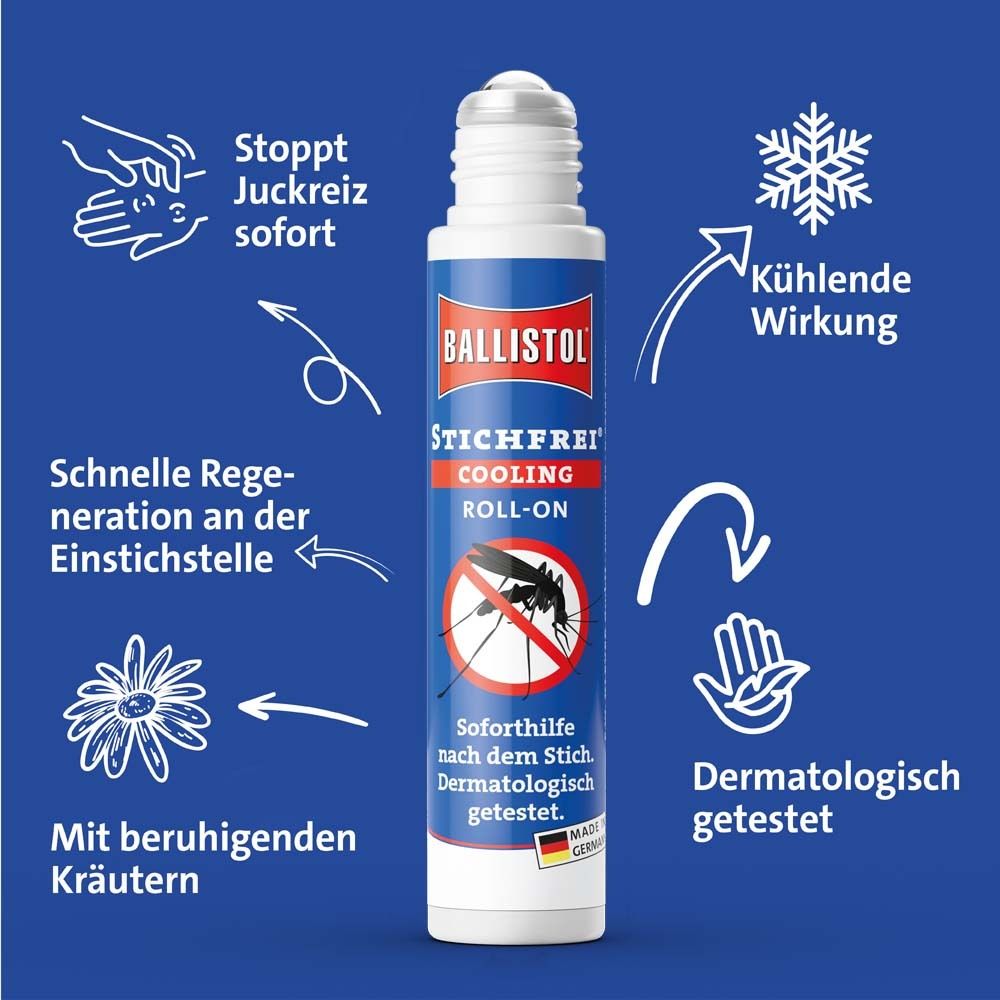 BALLISTOL Stichfrei Cooling Roll-on. Flacon roll-on. Illustrations. Fond bleu.