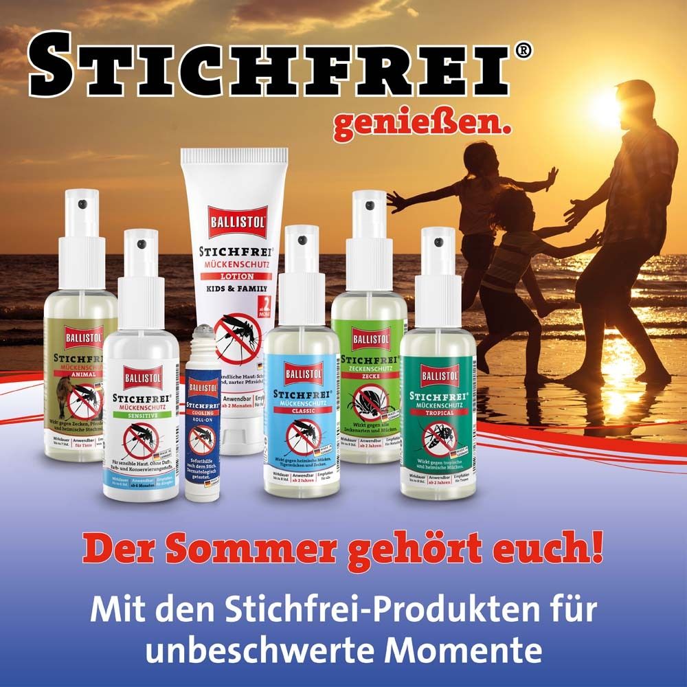 Produits BALLISTOL Stichfrei. Différents produits. Scène de plage. Texte.