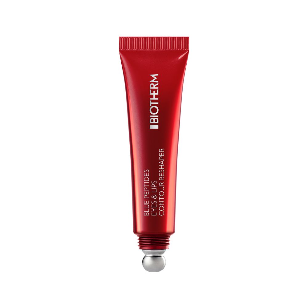 Tube rouge avec applicateur argenté. BIOTHERM Blue Peptides Eyes & Lips Reshaper. Texte sur le tube.