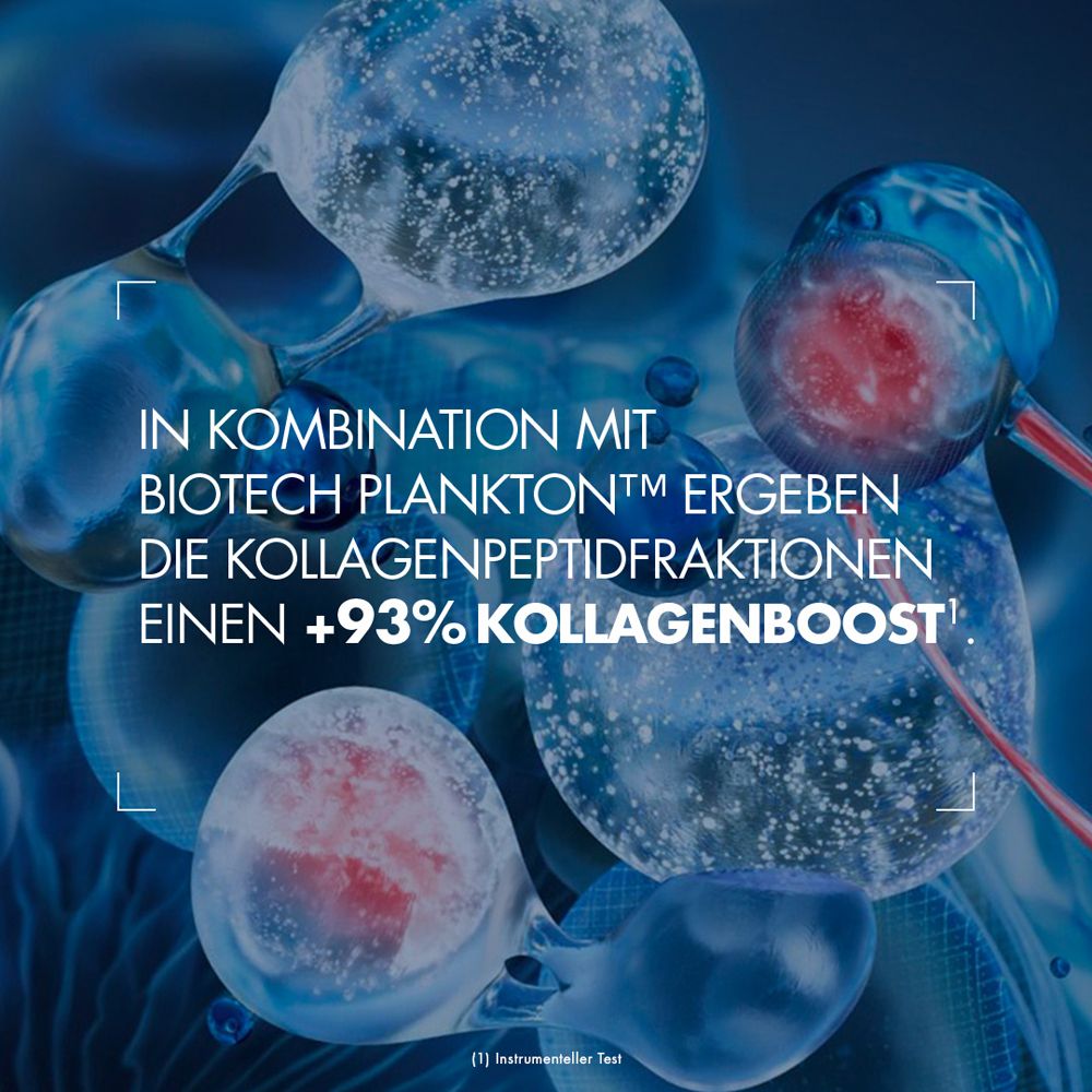 Graphique avec bulles. Texte : +93% boost de collagène. Logo BIOTHERM. Texte en allemand.